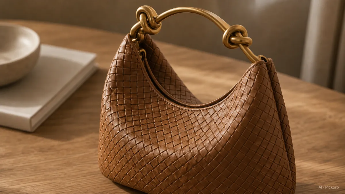 Primer plano de un bolso curvo de asa superior estilo Bottega Veneta, con tejido fino tipo intrecciato en cuero paper calf y asa anudada en dorado apagado sobre roble mate (ilustracion generada por IA)