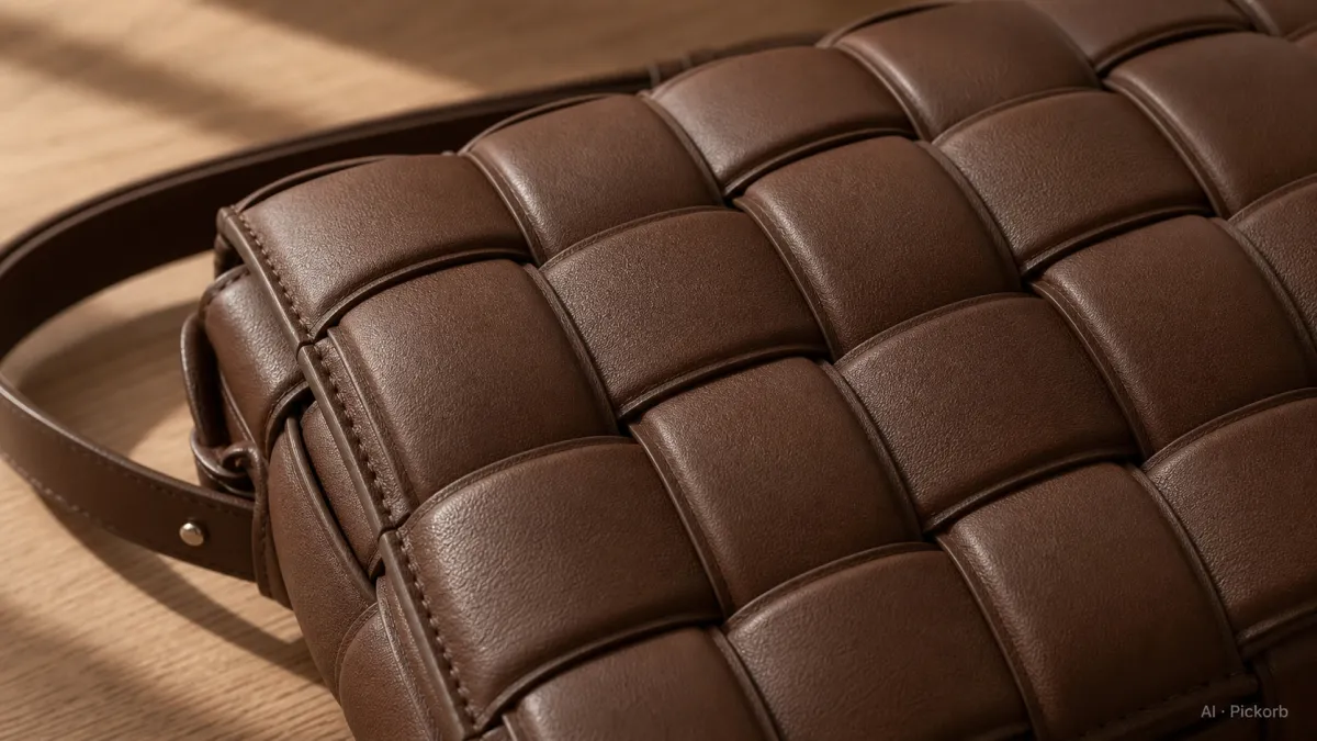 Primer plano de un bolso de hombro estructurado estilo Bottega Veneta, con tiras anchas de cuero marron acolchado tejido tipo intrecciato sobre roble mate con luz natural calida (ilustracion generada por IA)