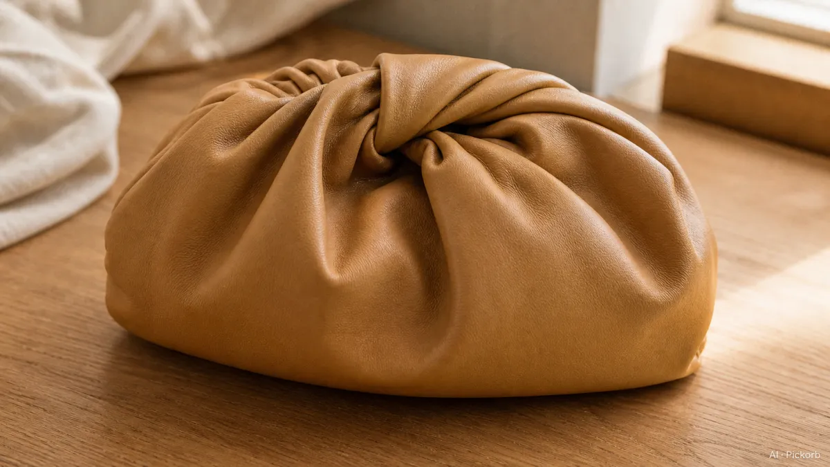 Primer plano de un clutch suave de cuero color mantequilla estilo Bottega Veneta, con abertura superior fruncida y retorcida y silueta tipo dumpling sobre roble mate (ilustracion generada por IA)