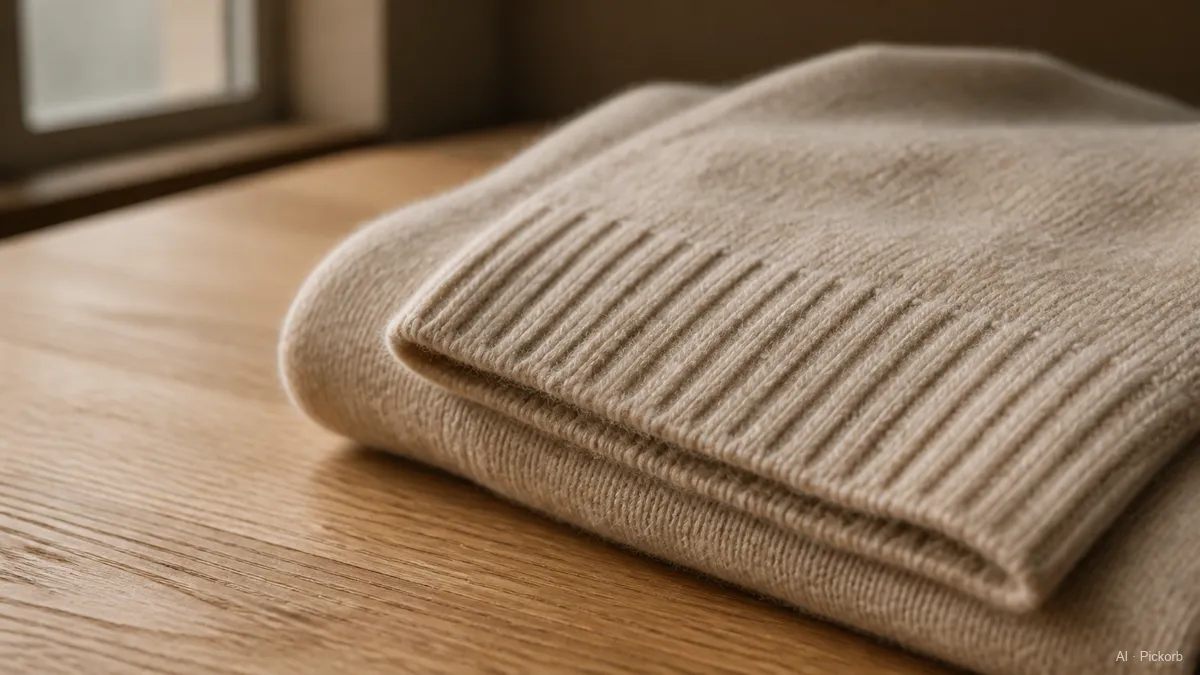 Nahaufnahme von gefaltetem haferfarbenem Cashmere-Strick mit geripptem Bündchen auf matter Eiche in warmem Tageslicht (KI-generierte Illustration)