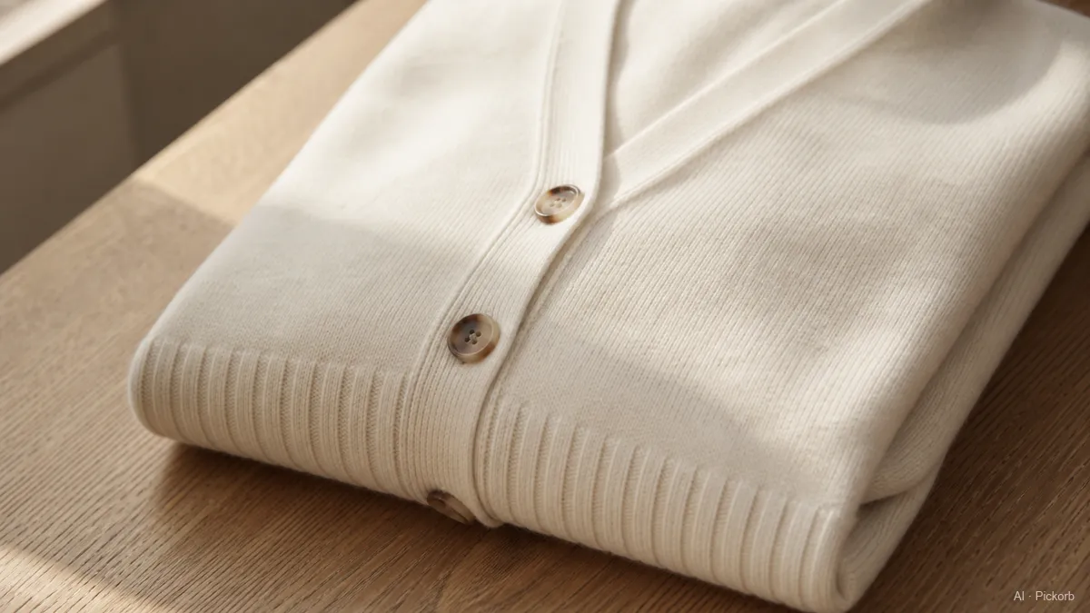 Nahaufnahme einer gefalteten cremefarbenen Cashmere-Strickjacke mit hornfarbenen Knöpfen und Rippsaum auf matter Eiche (KI-generierte Illustration)