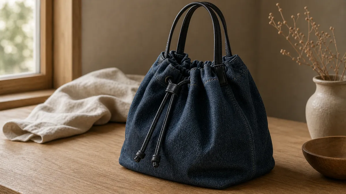 Nahaufnahme einer logofreien weichen indigo Zugband-Tote mit geraffneter Öffnung, kurzen Griffen und runden Falten auf mattem Eichenholz in warmem Tageslicht (KI-generierte Illustration)