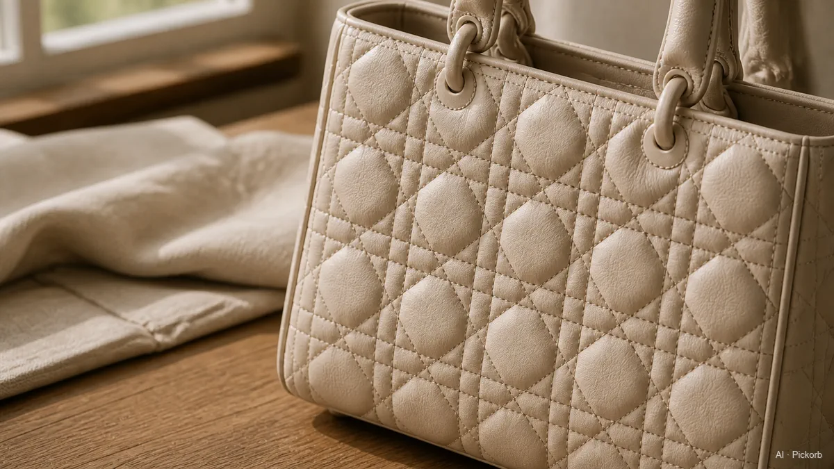 Gros plan sur un sac structuré à poignée d'inspiration Dior, avec grand matelassage façon cannage et fines anses arrondies sur un bureau en chêne mat (illustration générée par IA)