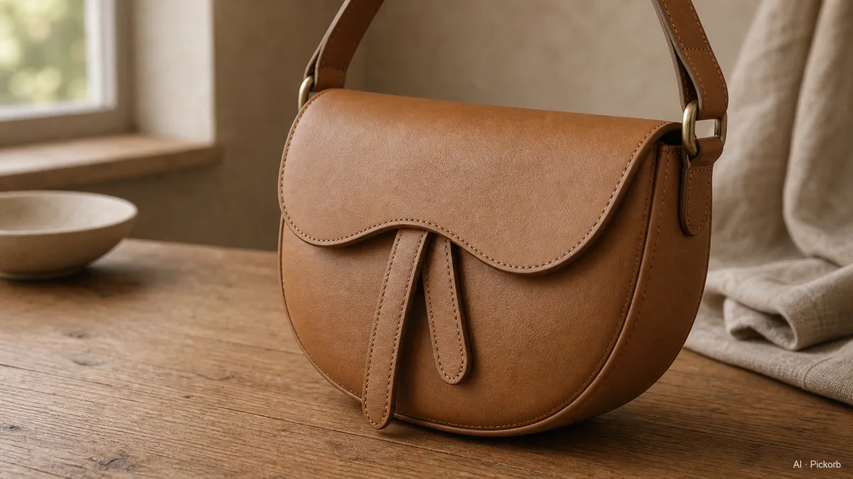 Gros plan sur un sac épaule en cuir fauve d'inspiration Dior, en forme de selle, avec rabat courbe et fermeture par patte sur un bureau en chêne mat (illustration générée par IA)