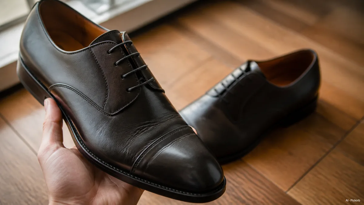 Ein Paar dunkle Oxford-Lederschuhe in früher Einlaufphase, ein Schuh hochgehalten, um die sich bildenden Biegelinien auf dem Schaft zu zeigen, natürliches Morgenlicht auf Holzboden (KI-generierte Illustration)