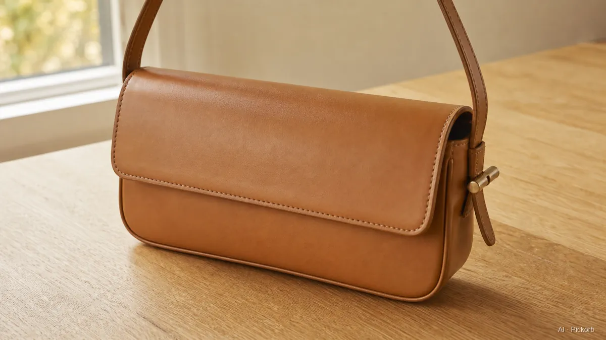 Nahaufnahme einer kleinen horizontalen Leder-Schulterclutch im Fendi-Stil mit schmalem oberen Riemen und seitlichem Knebelverschluss auf einem matten Eichentisch in natürlichem Licht (KI-generierte Illustration)