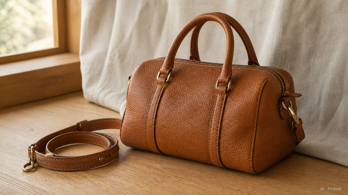 Nahaufnahme einer weichen Boston-Mini-Duffel aus Leder im Fendi-Stil mit zwei oberen Griffen, separatem Schulterriemen, genarbtem Leder und handgenähten Details auf einem matten Eichentisch in natürlichem Licht (KI-generierte Illustration)