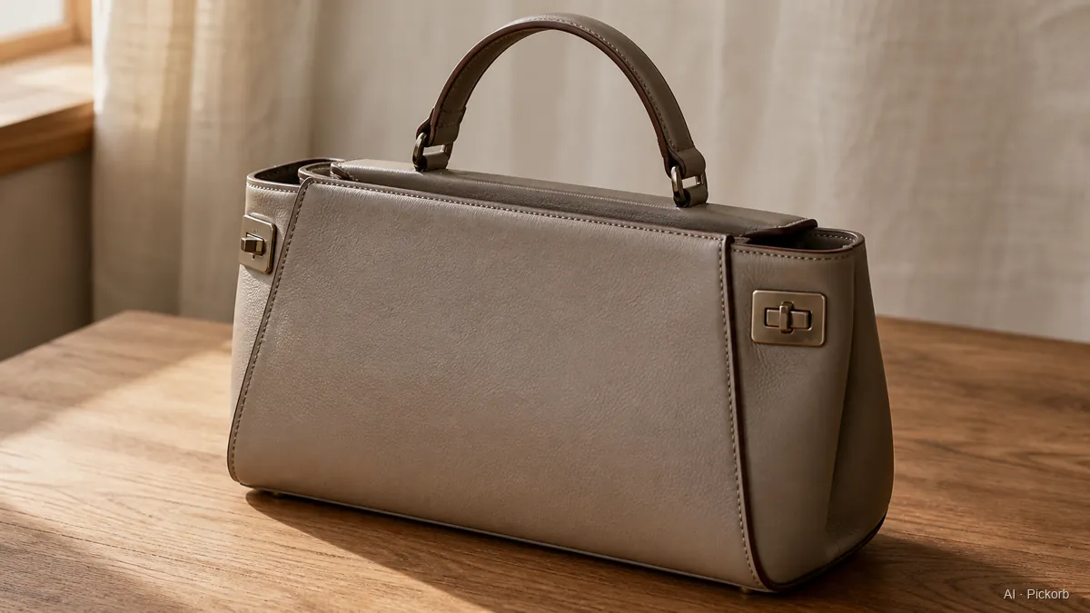 Nahaufnahme einer strukturierten horizontalen Leder-Satchel im Fendi-Stil mit Top-Handle, seitlichen Drehverschlüssen und klaren Lederflächen auf einem matten Eichentisch in natürlichem Licht (KI-generierte Illustration)