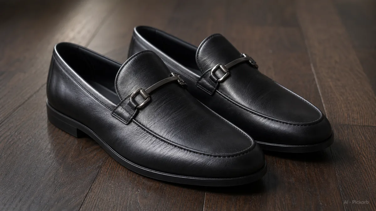 A pair of black brushed-calf leather loafers with Gancini hardware on a dark oak floor, polished but not mirror-finish, soft directional light catching the vamp (AI generated illustration)