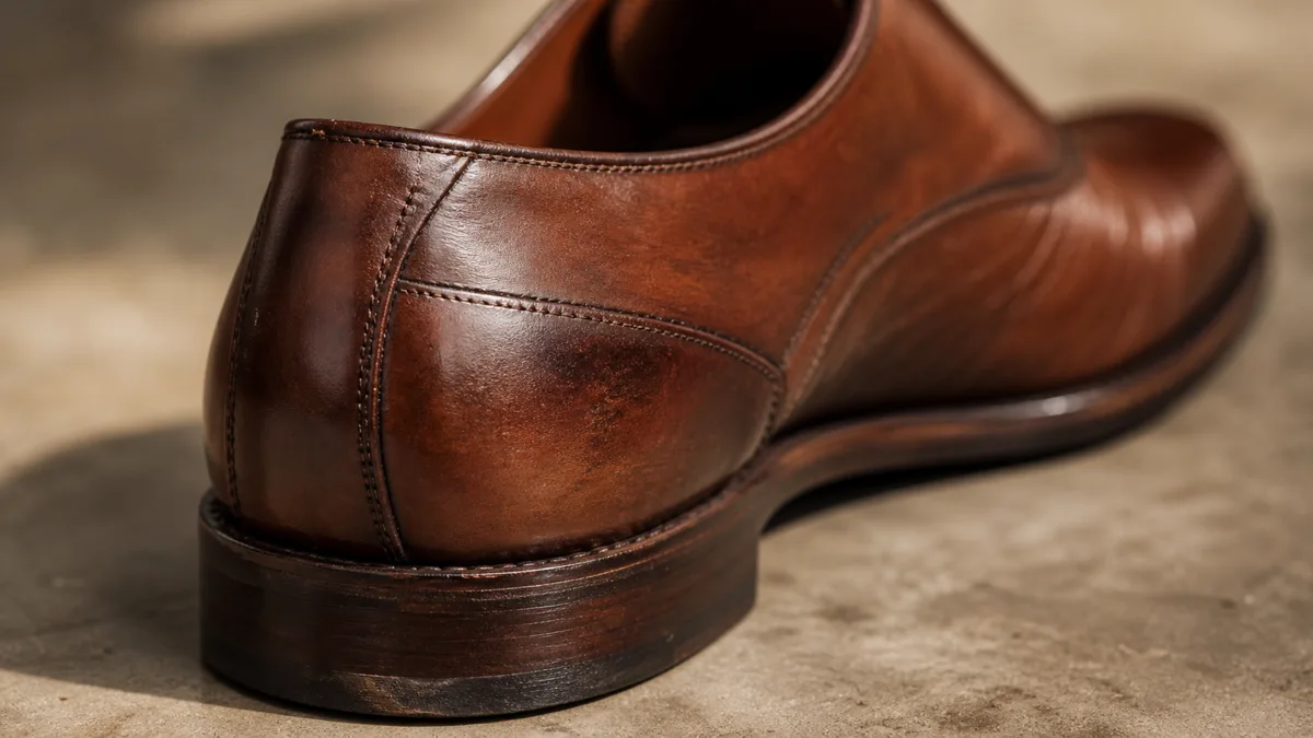 A dark brown calf-leather loafer with gold Gancini hardware resting on a stone surface, warm light catching the toe box and developing a slight highlight (AI generated illustration)