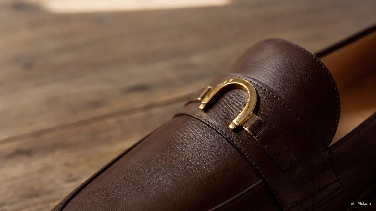 Primeiro plano da gáspea dianteira de um mocassim de pele castanha com uma peça de metal dourado em forma de ferradura, luz suave de tarde (ilustração gerada por IA)