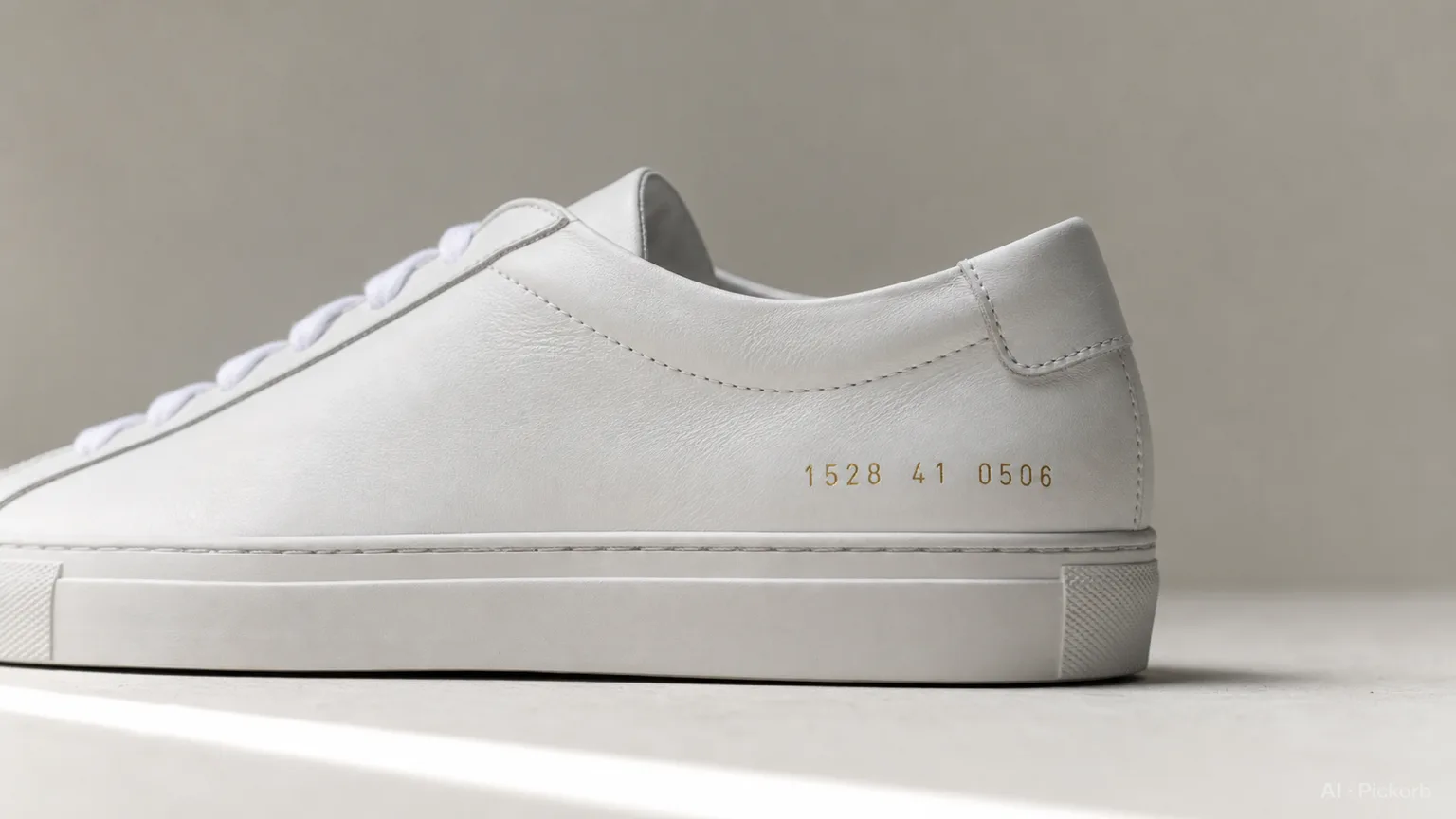 Common Projects Achilles weißer Ledersneaker auf einer klaren Oberfläche, minimale Sohlenkappe mit goldenem Seriennummer-Detail, weiches natürliches Licht (KI-generierte Illustration)