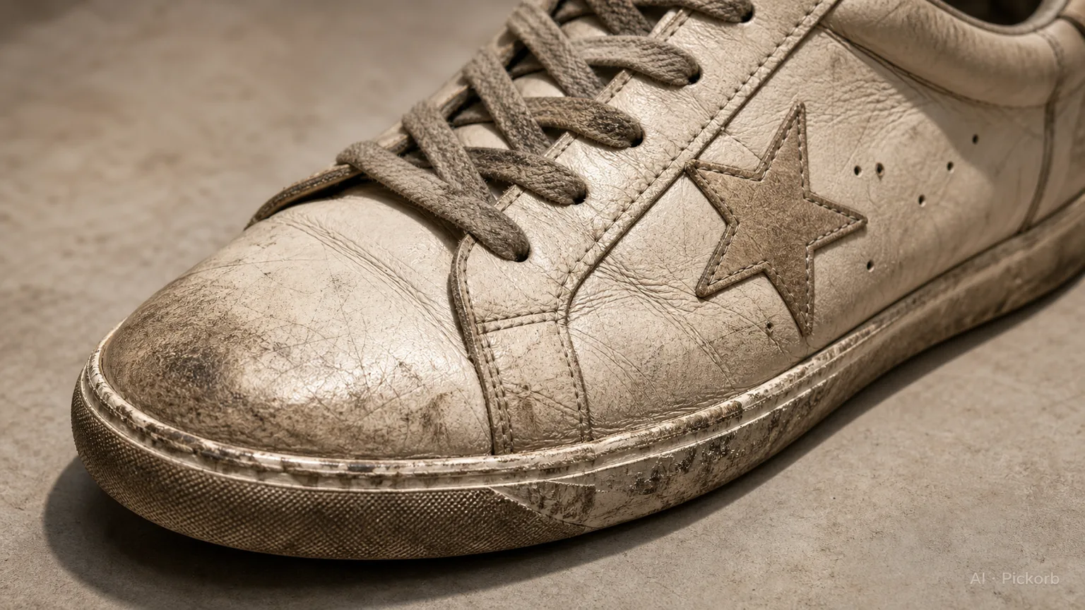 Golden Goose GGDB Superstar Sneaker mit Sternlogo am Knöchel, abgenutzter Ledertextur und Distressed-Sohlenkappe auf neutralem Hintergrund (KI-generierte Illustration)
