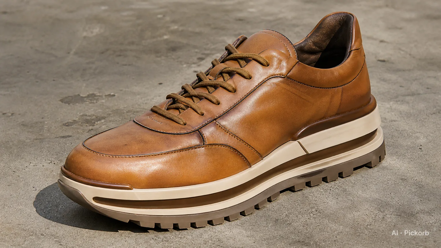 Premiata Ledersneaker mit skulpturalem Sohlenblock und tonal abgestimmtem Oberleder, bodennahes Foto auf Kopfsteinpflaster (KI-generierte Illustration)