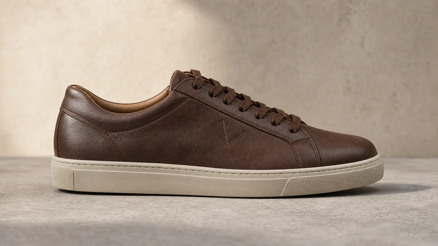 Veja V-10 Ledersneaker mit V-Logo auf der Außenseite, natürliches Licht auf Holzboden, Amazonasgummi an der Sohlenkappe sichtbar (KI-generierte Illustration)