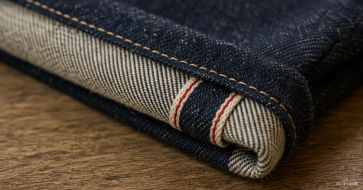 A close-up of the selvedge edge inside a folded pair of jeans, showing the clean self-finished edge with a thin colored stripe running along the inseam on a matte oak desk in soft natural daylight (AI generated illustration)