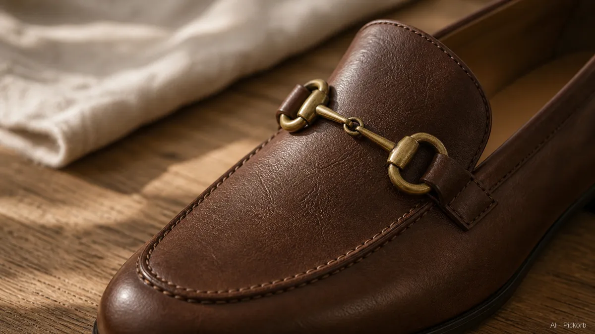 Nahaufnahme des Vorderblatts eines klassischen braunen Lederloafers im Gucci-Stil mit gealtertem Messing-Horsebit auf matter Eiche (KI-generierte Illustration)