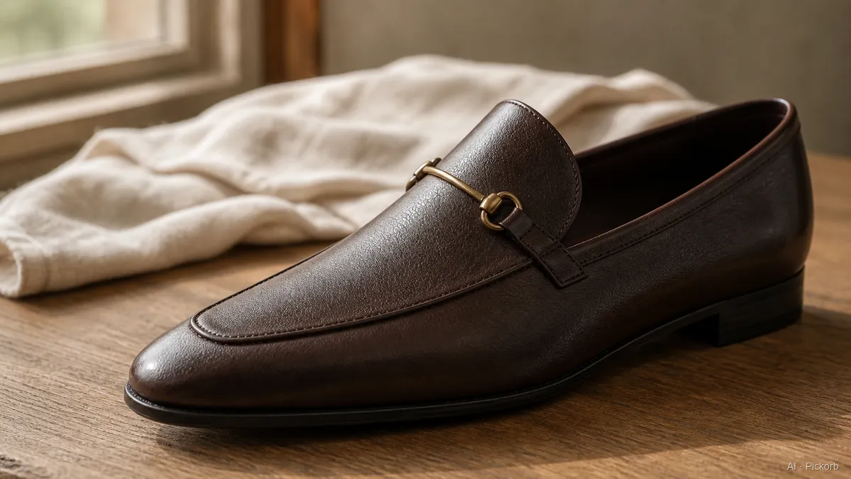 Nahaufnahme eines schlanken modernen Lederloafers im Gucci-Stil mit dünnem Messing-Horsebit auf matter Eiche im warmen Tageslicht (KI-generierte Illustration)