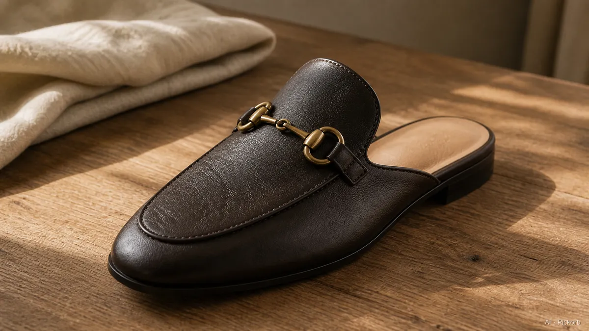 Nahaufnahme eines rückenfreien Lederloafer-Mules im Gucci-Stil mit offenem Fersenbereich, beigem Fußbett und Messing-Horsebit auf matter Eiche (KI-generierte Illustration)