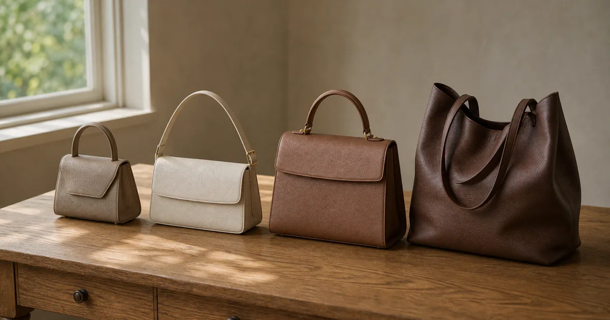Cuatro bolsos de piel en fila sobre un escritorio de roble mate con luz natural suave, desde un pequeño top-handle estructurado hasta un tote amplio, con la diferencia de ancho entre mini, small, medium y large visible de un vistazo (ilustración generada por IA)