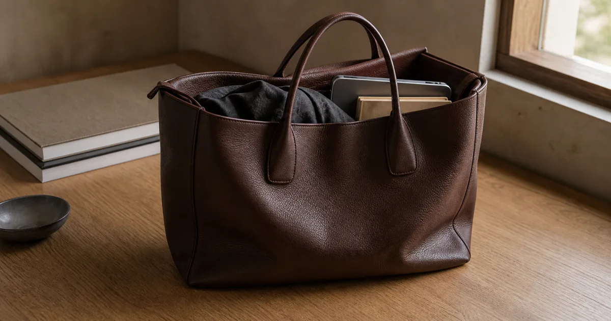 Un tote de piel estructurado y amplio sobre un escritorio de roble mate con luz natural suave, doble asa, perfil suavemente caído y un atisbo del interior por la apertura — una chaqueta doblada, una tablet y un cuaderno (ilustración generada por IA)