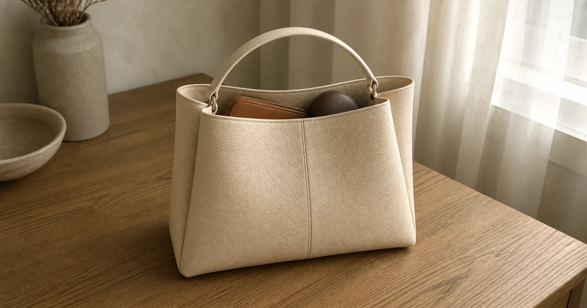 Un tote de piel de tamaño medio sobre un escritorio de roble mate con luz natural suave, silueta estructurada, asa única y una pequeña apertura por la que se entrevén cartera y estuche de gafas dentro (ilustración generada por IA)
