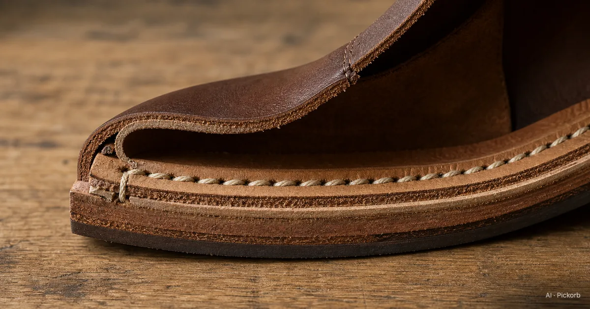 Primo piano della sezione di una scarpa cucita Goodyear con striscia di guardolo, cucitura visibile lungo il perimetro, e strati di pelle tra tomaia e suola (illustrazione generata da IA)