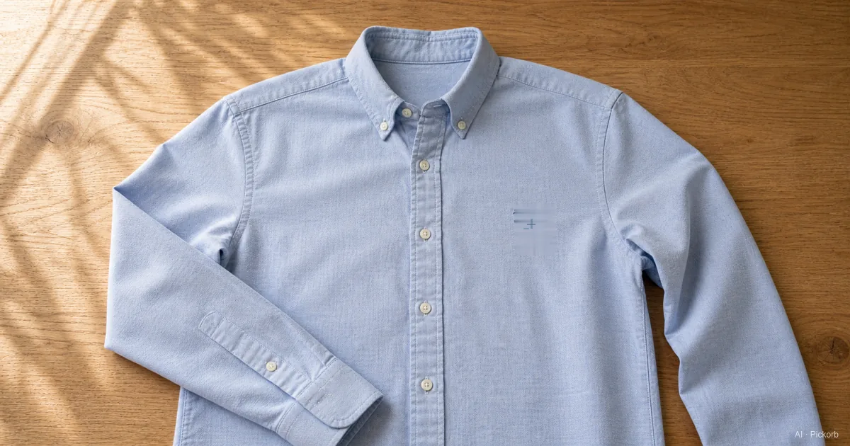 Una camisa Oxford azul claro planchada, extendida sobre un escritorio de roble mate con luz natural suave, tejido cesta visible y un pequeño bordado en el pecho izquierdo (ilustración generada por IA)