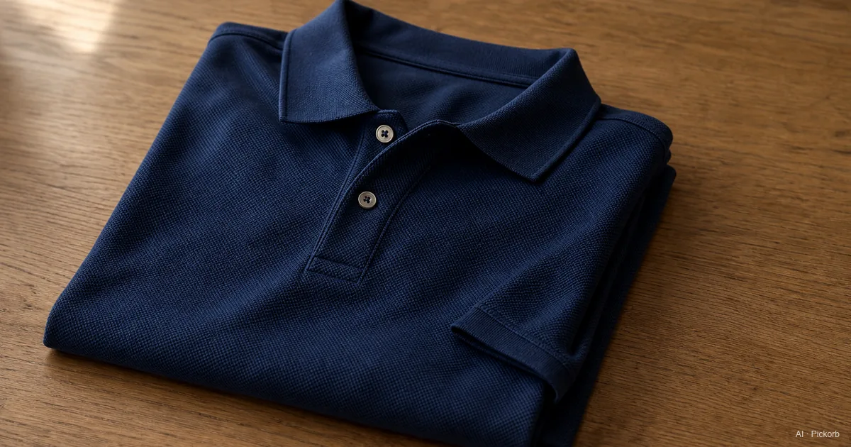 Una polo de malla de algodón en azul marino doblada sobre un escritorio de roble mate con luz natural suave, primer plano del piqué y del pequeño bordado en el pecho (ilustración generada por IA)