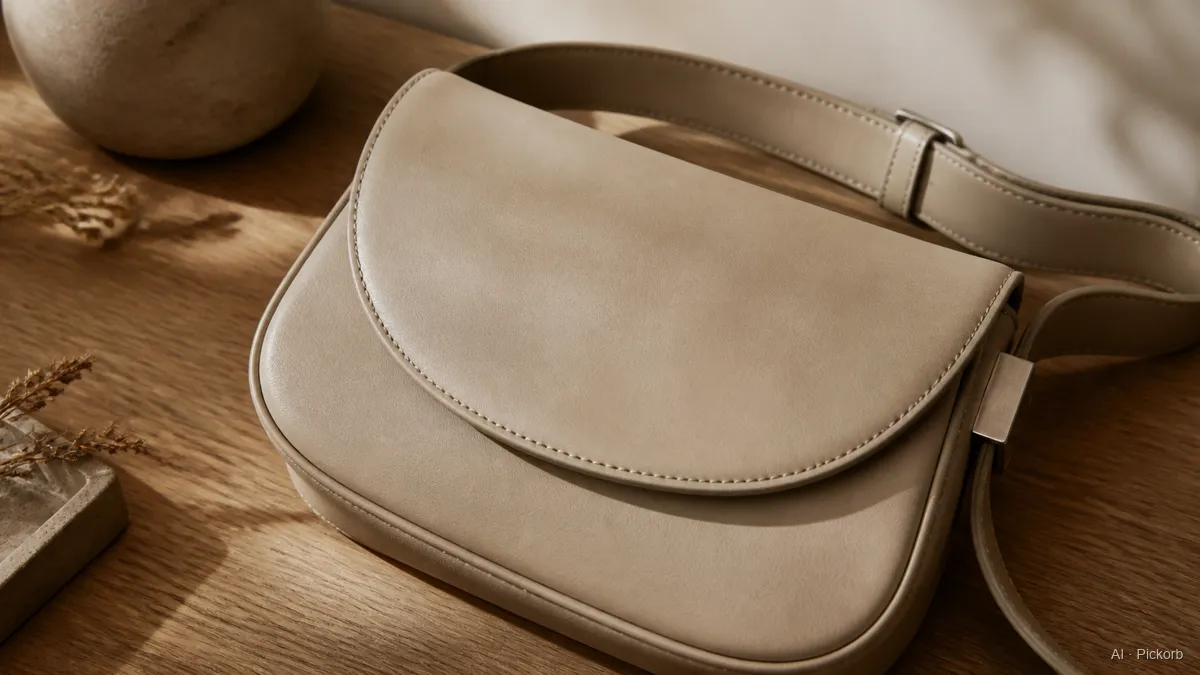 Close-up of a Prada-style curved-flap shoulder bag in warm taupe brushed leather, showing a sleek sculptural profile on a matte oak desk (AI generated illustration)