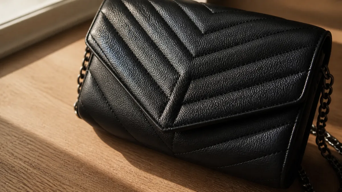 Close-up of a black Saint Laurent-style shoulder bag with chevron Y-quilted leather and a chain strap on a matte oak desk in warm natural daylight (AI generated illustration)