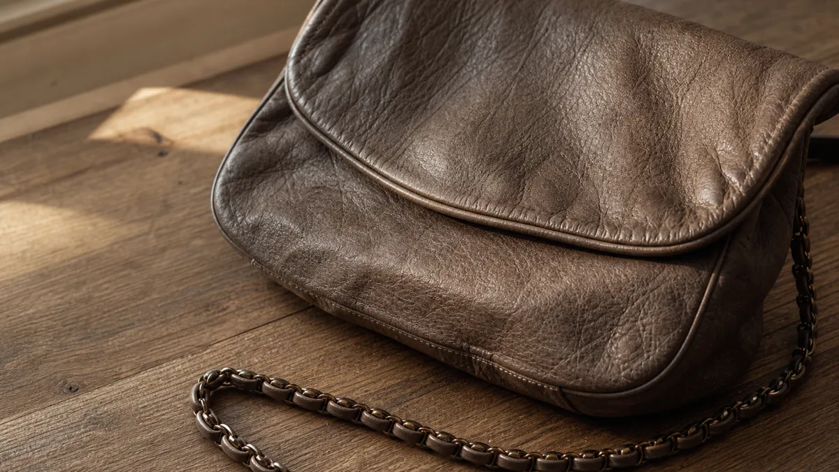Close-up of a Saint Laurent-style crinkled vintage washed leather flap shoulder bag with a chain-and-leather strap on a matte oak desk in warm natural daylight (AI generated illustration)