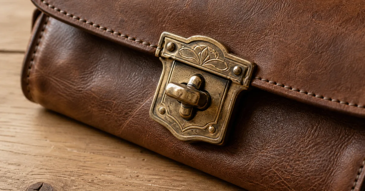 Primo piano del fermo metallico e della ferramenta di una borsa di lusso vintage, incisione precisa, costruzione in ottone massiccio pesante in mano, finitura ricca leggermente patinata, su una scrivania in rovere opaco in luce naturale morbida (illustrazione generata da IA)