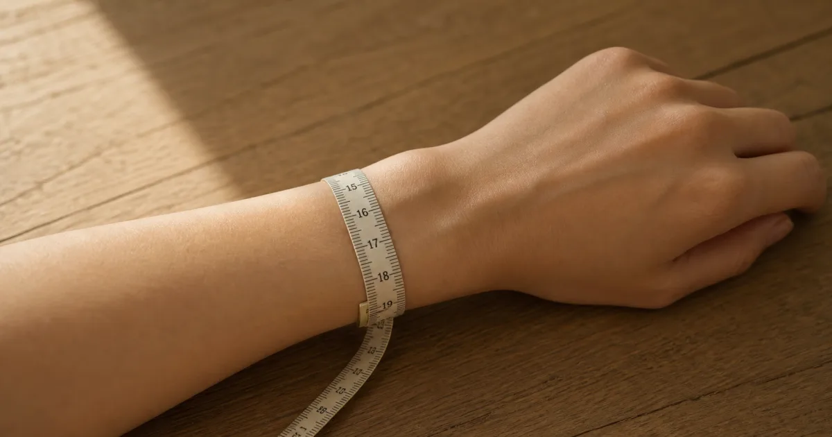 Um pulso junto a uma fita métrica flexível de costura numa secretária de carvalho mate em luz natural suave, a fita dá uma volta ao pulso e marca perto de 17 cm (ilustração gerada por IA)